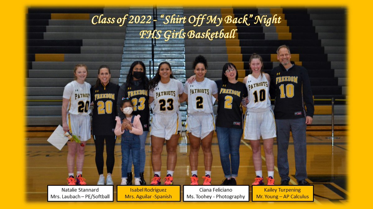 GirlsFHSBballPA's tweet photo. 🌟THANK YOU to Coach Laubach, Mrs. Aguilar, Ms. Toohey and Mr. Young ... Class of 2022 "Shirt Off My Back" honorees! 🌟
@fhssportsBASD @BASDMsSage 
#BASDProud #FreedomFamily https://t.co/m61MnsmWsZ