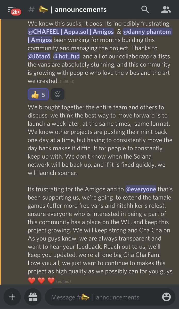 ChaChaVansNFT's tweet photo. Due to solanas current network conditions, we will be moving our mint to next weekend for consistency😔should things improve quickly &amp; allow 4 an earlier mint, we'll make an announcement!

Huge shoutout to our dev @kj1337 for taking the time to communicate this to our community💛 https://t.co/paz0CSyfKP
