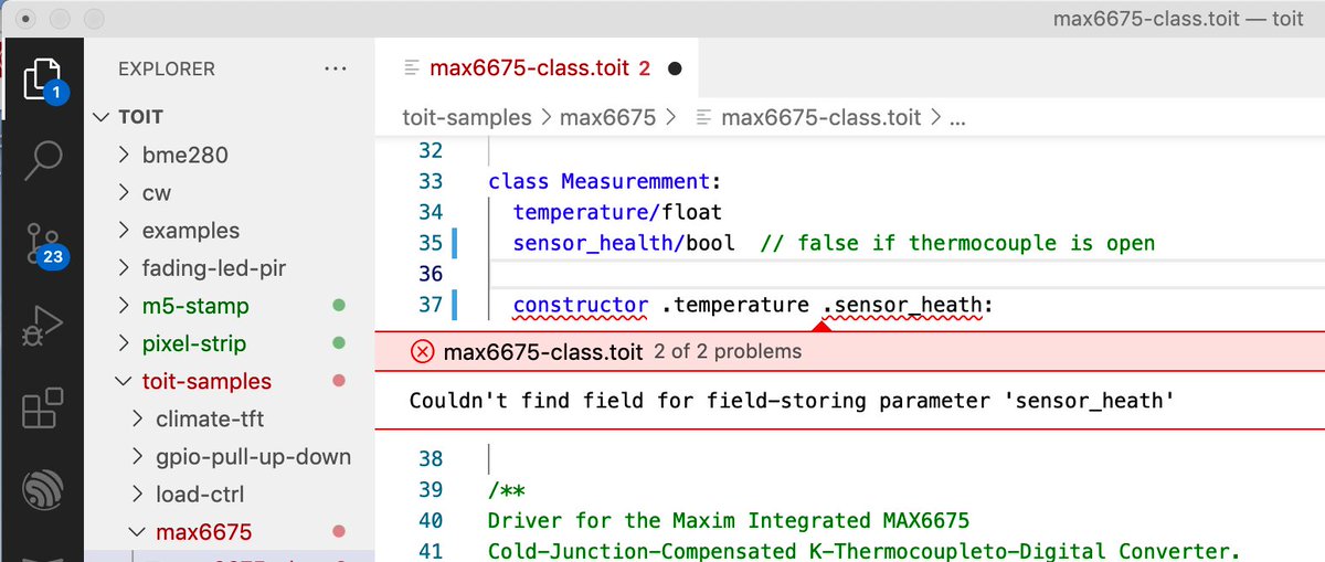 krzychb2's tweet photo. The #Toit team provided really good integration with VS Code. The syntax errors are reported already in the editor, in the context of the code, and together with very good tooltips what might be wrong. https://t.co/jpacjRIyeX