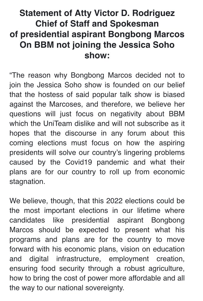 inquirerdotnet's tweet photo. JUST IN: Bongbong Marcos camp explains his refusal to join Jessica Soho interview with other presidential aspirants, says it believes the host of the show “is biased against the Marcoses.” | via @LeilasINQ https://t.co/BH1xFJsk1o