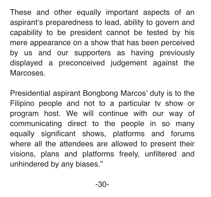 inquirerdotnet's tweet photo. JUST IN: Bongbong Marcos camp explains his refusal to join Jessica Soho interview with other presidential aspirants, says it believes the host of the show “is biased against the Marcoses.” | via @LeilasINQ https://t.co/BH1xFJsk1o
