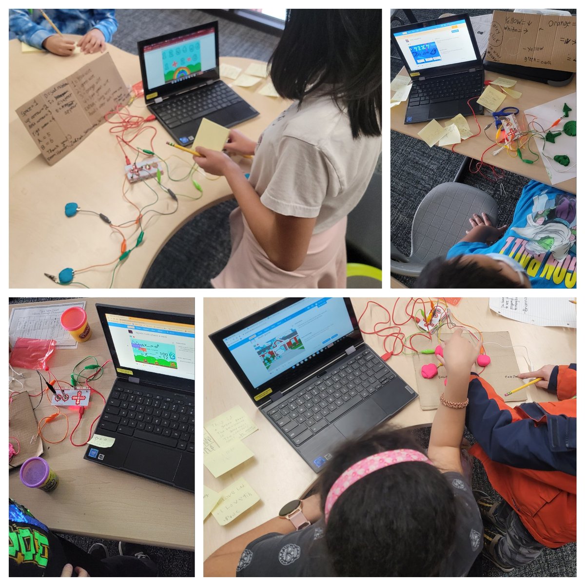 thinksci's tweet image. 4th graders @SartoriSTEM apply what they learned from circuits unit to use conductive materials w/@makeymakey + coding in @scratch to design math games for specific age grp. Beta testing today w/sticky note user feedback. Next week: apply feedback to redesign or make new game!