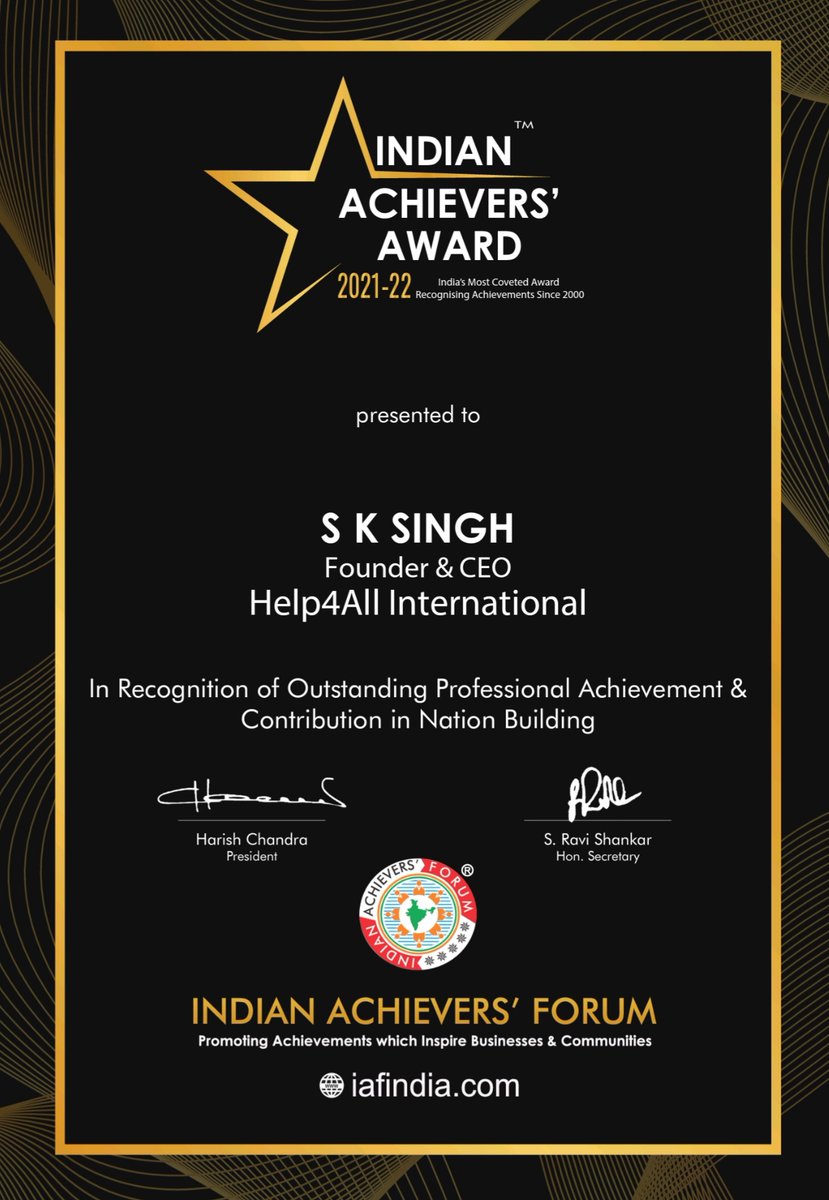 Help4All_intl's tweet image. What a great way to Enter in 2022 with a prestigious award… I am very humbled and honored to receive recognition as “Indian Achievers&apos; Award&quot; of the Year, 2021-22” by the #IndianAchieversForum
#awards #recognition #Help4All #sksingh #socialimpact #social #socialinnovation #app