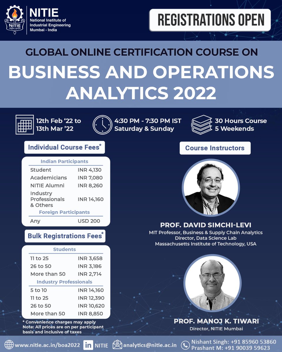 kunal_patil_'s tweet photo. Kickstart your professional journey with one of the most sought-after industry skills!

For more details and registration – https://t.co/uuLLFcH8Mz

Individual Registration Deadline – 6th Feb 2022

#NITIE #DavidSimchiLevi #Analytics #AnalyticsbyNITIE #BusinessAnalytics https://t.co/AlX8Vwydd9