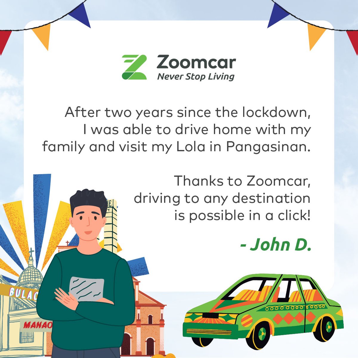 ZoomcarPH's tweet photo. Thank you, John, for making Zoomcar a part of your reunion with your Lola. We look forward to being part of your trips again, soon! #ZoomcarPhilippines #NeverStopLivingPH https://t.co/1wJEiOPrXM