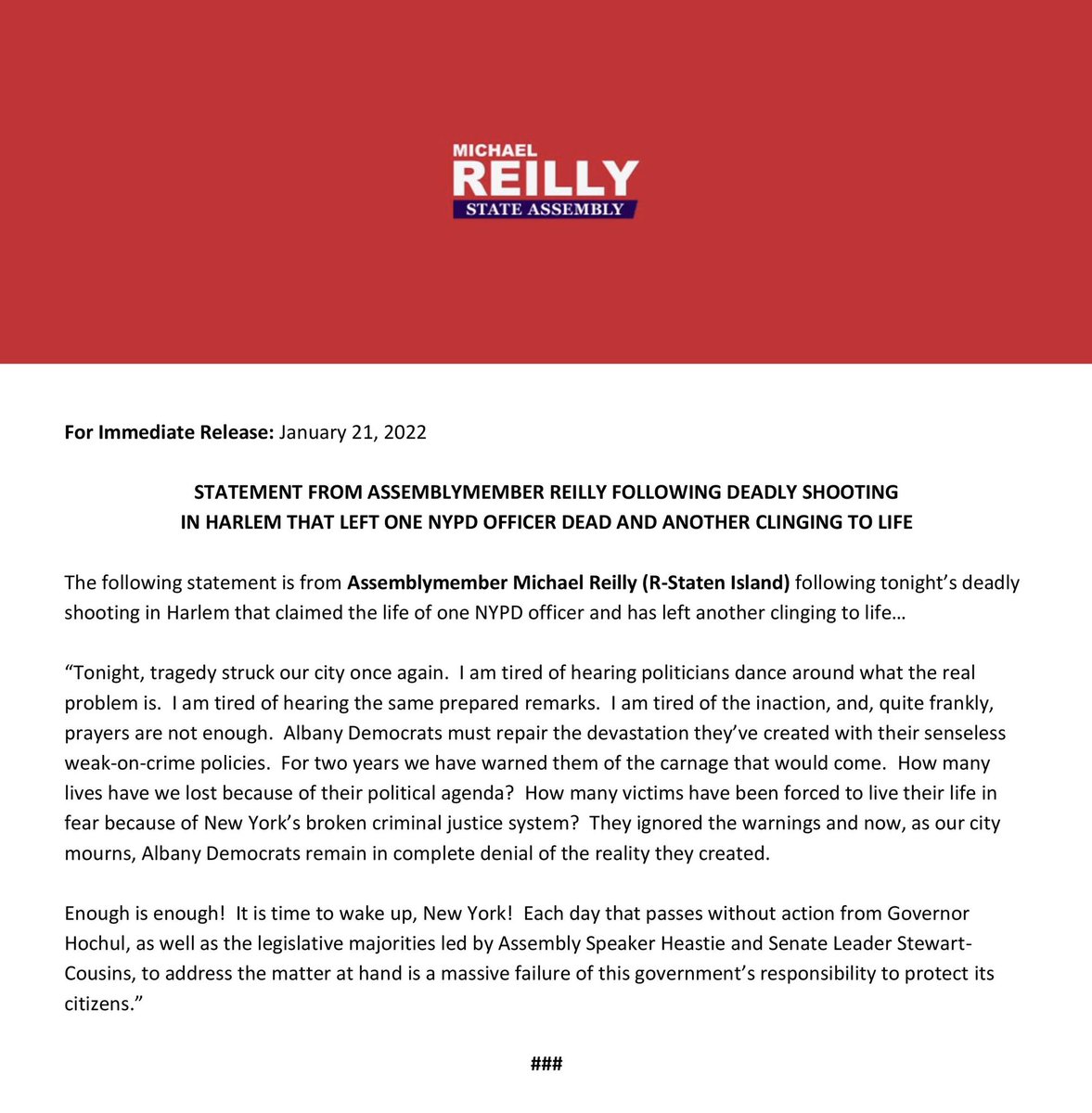 TeamReillyNY's tweet photo. “I am tired of the inaction, and, quite frankly, prayers are not enough.”

My full statement on tonight’s deadly shooting in #Harlem that claimed the life of one #NYPD officer and has left another clinging to life 👇 https://t.co/rxi81DkmQA