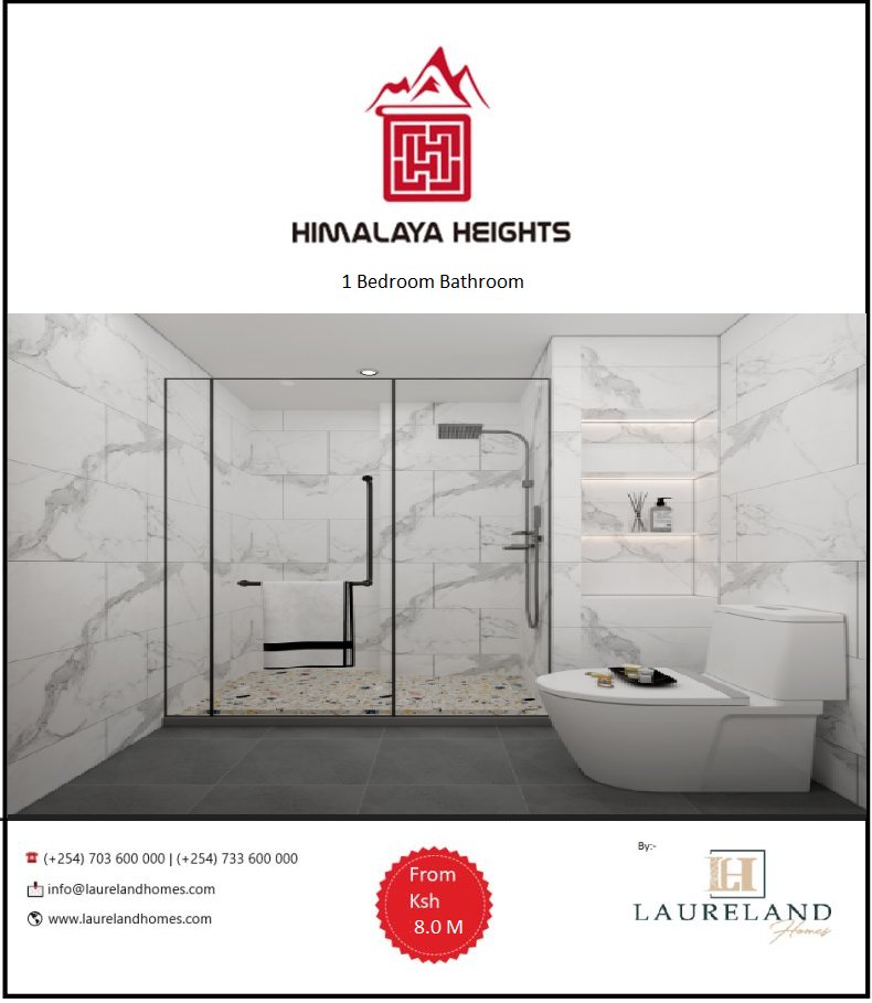 #ApartmentsForSale #LuxuryHomesForSale 
Find this ergonomic Bathroom in a 1 Bedroom Unit at Himalaya Heights, currently under construction along Kindaruma Road, Kilimani Area, Nairobi. 
> (+254) 703 600 000 | (+254) 733 600 000
> info@laurelandhomes.com
> laurelandhomes.com