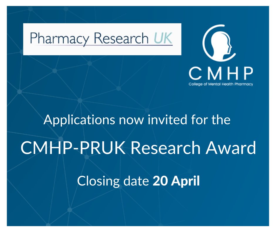 CMHPCommunity's tweet photo. Call now open for the CMHP-PRUK Research Award. Deadline 20 April. For research benefiting patients with mental illness. See https://t.co/MB3FnkC5PJ for more info and for link through to @PharmResUK site to apply. https://t.co/On0hco0Ub5