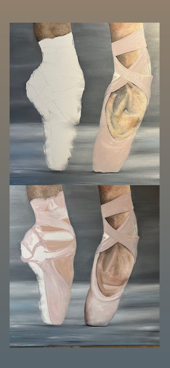 PaintyJayne's tweet photo. Working on ballet feet now 🩰 a progress shot from this morning. Comparing second day to third day.  #oilpainting #ballet https://t.co/ZfWSETaMUv
