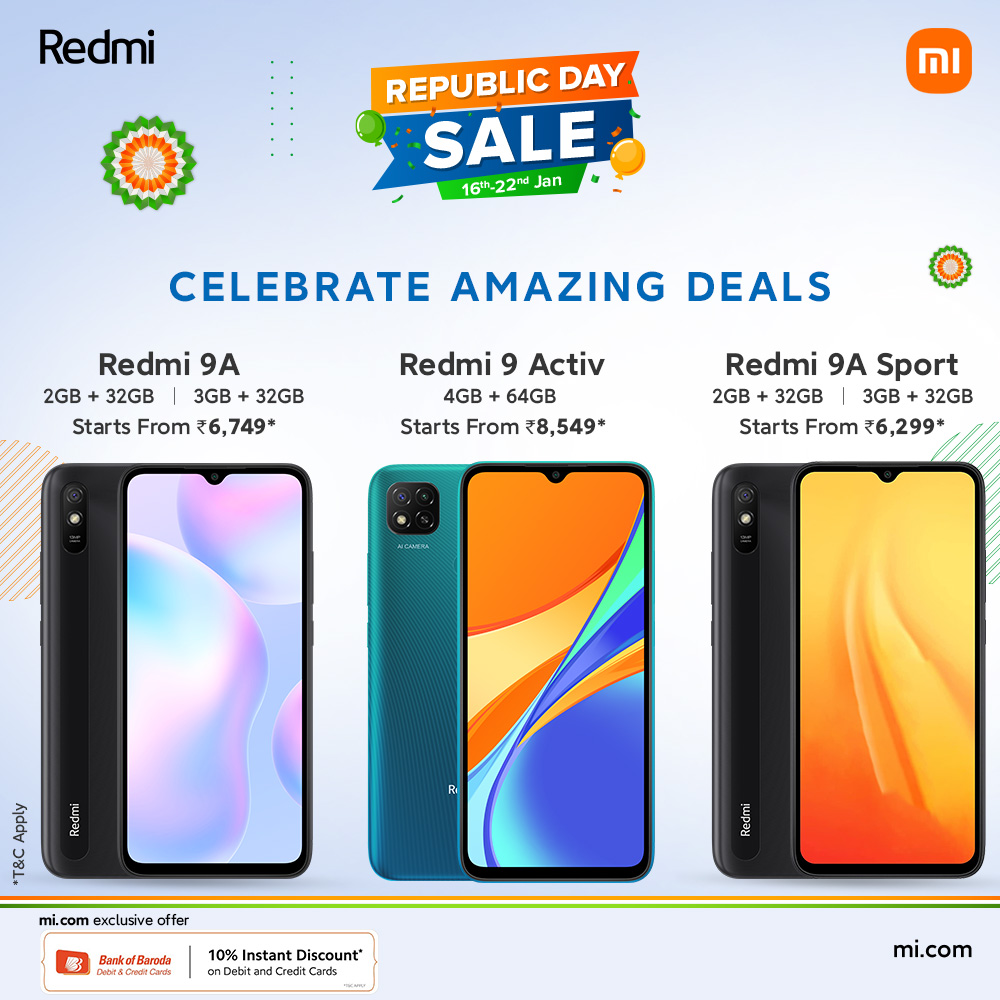 RedmiIndia's tweet photo. The magic of 9️⃣s at unbelievable prices! Only during our #RepublicDaySale⬇️.

#Redmi9A at just ₹6,749*.
#Redmi9Activ at just ₹8,549*.
#Redmi9ASport at just ₹6,299*.

Use @bankofbaroda cards to get a 10% instant discount.

🛒https://t.co/Y2PSKWe5zV https://t.co/onDeKiAGSa