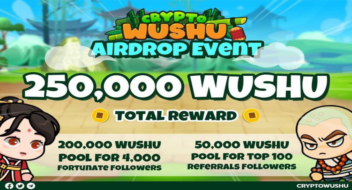 airdropblogs's tweet photo. 🔥 Crypto Wushu #Airdrop (WUSHU)
⭐️⭐️⭐️⭐️
🎁 Prize Pool: 250,000 WUSHU
💰 Reward: 200,000 WUSHU -  4,000 random
👥 Referral: 50,000 WUSHU - top 100 

🔗 Airdrop Link: https://t.co/qNhDT2jKcm

• Follow @cryptowushu

🌐 About Crypto  Wushu: Visit – https://t.co/PpvWnoJFYa https://t.co/s0svV1gR6B