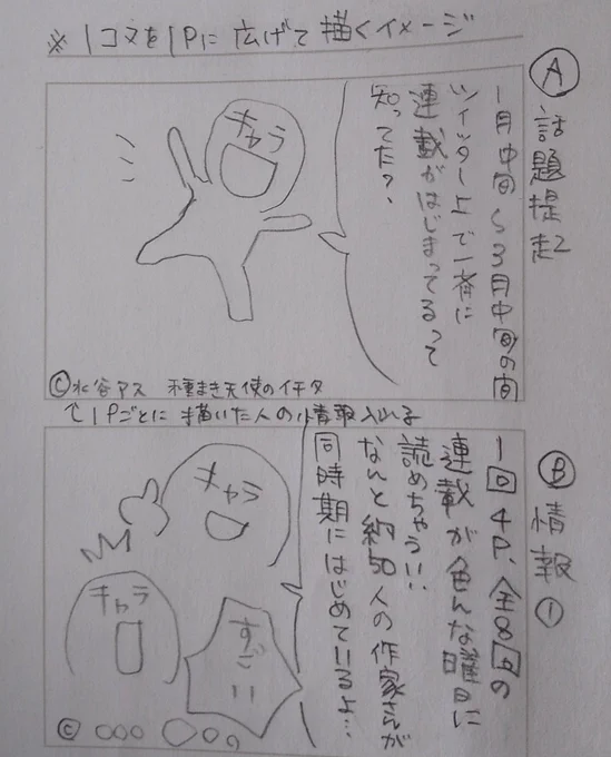 週刊マンガ専科の4P広告マンガを各々の連載キャラで合作したら楽しいのでは…と突如思い付いたので企画乗る方募集!
先着4名(いるのか?😂)
4Pイメージは添付参照👇️
スタンバイ描く人もいるし、課題も大変なので2月中旬ぐらいの公開を目標に😌
@sadycork
佐渡島さん、この企画どうでしょうか? 
