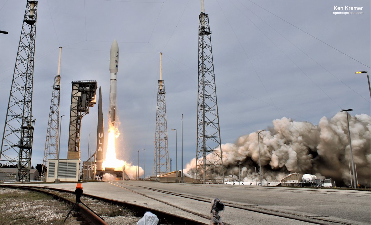 ken_kremer's tweet photo. GO #USSF8! #ULA #AtlasV 'Big Slider' blastoff 1.2mil lb thrust!Only time we ever see this stunning 511 rocket variant-stunning despite gray maw sky.Success deliver twin #GSSAP space surveil sats to nearGSO 4 @SpaceForceDoD 2PM liftoff pad41 @torybruno. Rollout/Sign views my cams https://t.co/WIl7xXFuX0