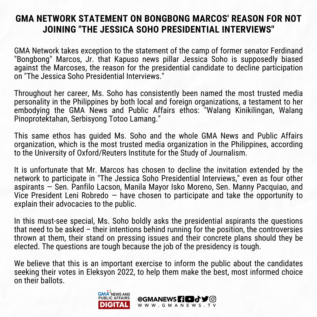GMA Network statement on Bongbong Marcos' reason for not joining "The Jessica Soho Presidential Interviews"