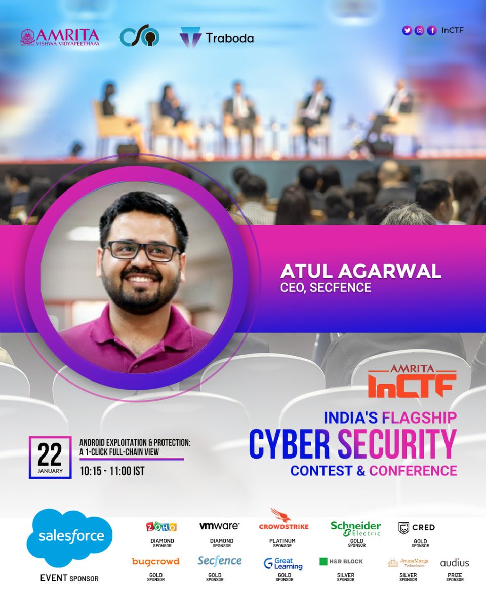 InCTF's tweet image. Atul Agarwal, the CEO of @secfence, gave us a very informative talk at #InCTFCon. His talk covered a lot of real-world practical aspects of Android Exploitation and Protection. 
An amazing talk!
#conference #cybersecurity #cybersecurityawareness #cybersecuritytraining