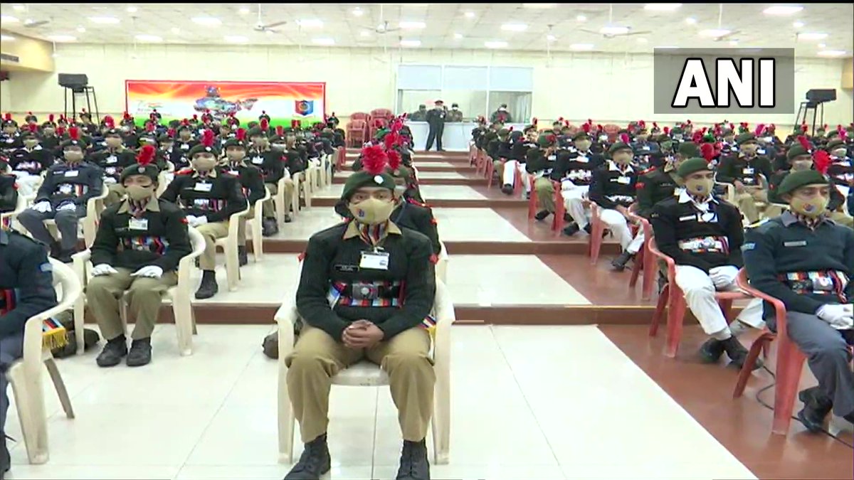 ANI's tweet photo. Defence Minister Rajnath Singh virtually addressing participants of NCC Republic Day Camp 2022 https://t.co/TqgR8e0083