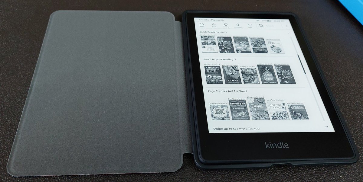 felinemusings's tweet photo. I succumbed! #Kindle #Paperwhite 11th generation, 2021. I have a Kindle 6" without a backlight &amp; a bulky Kindle Fire. I am hoping to increase my nighttime reading with the ambient display. I love the cover.
#Amazon purchase
#Toomanydevices 
#reading
#ereaders
#booklovers
#ebooks https://t.co/MiU9GvxBZr