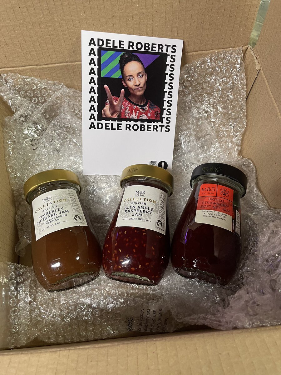 AdeleRoberts's tweet photo. Thank you so much to everyone who listened to the show this morning and to our listener Rachel &amp; producer @TomGaneCFM for creating #JamSlam 

Giving away 3 pots of jam on @BBCR1 made me so happy 🤣👏🏽 Genius 🍓

(Actually going to buy the rhubarb one. Looks lush 😍) https://t.co/BvNjDrdb0U