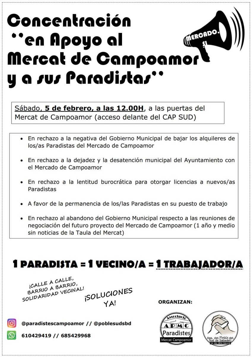 poblesudsbd's tweet photo. [1/2]💥📢CONCENTRACIÓN A FAVOR DEL MERCAT DE CAMPOAMOR Y SUS PARADISTAS📢💥
📌Puertas del Mercat de Campoamor (acceso CAP SUD)
🗓️5 de febrero
⏲️12.00h
¡Nos vemos allí!
SEGUIMOS💪💪❤️
#sabadell @sbd #campoamor #espronceda #mercatcampoamor #mercat #comerç https://t.co/f2za9sHEIw