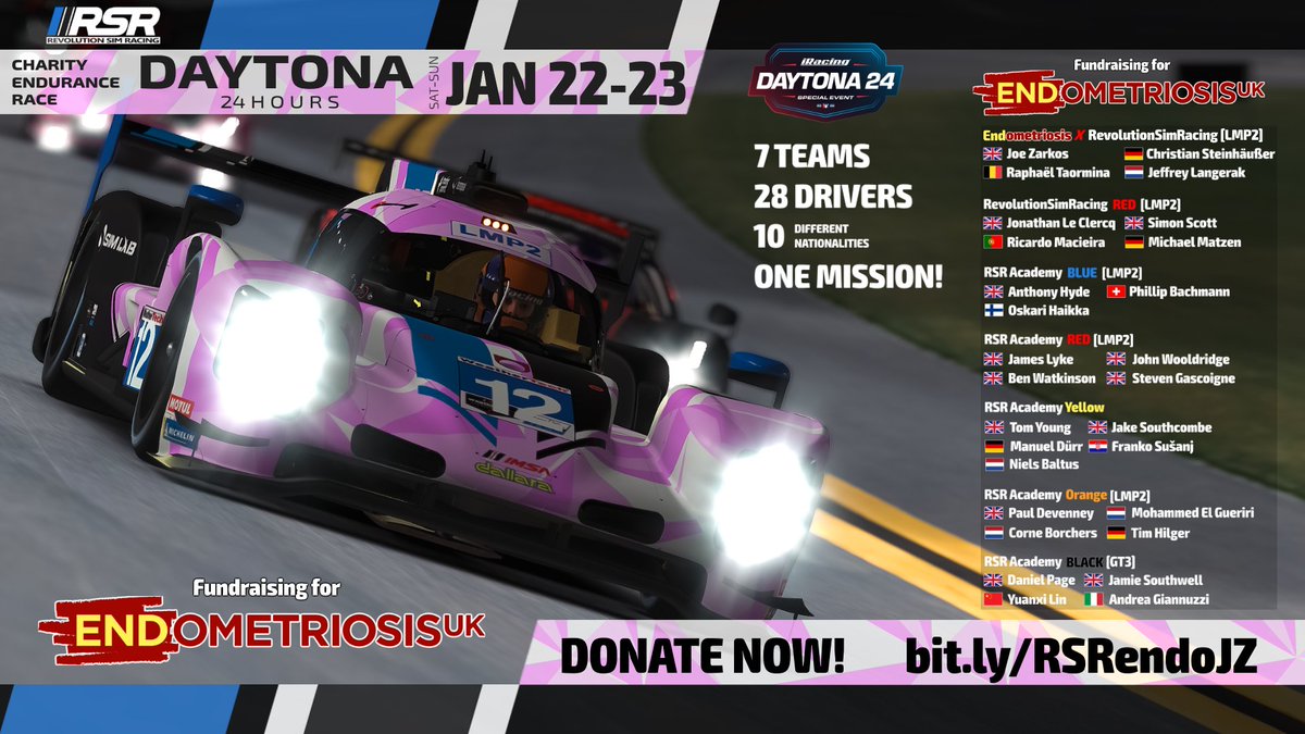 15 minutes before race start! 🔥

This weekend we are fundraising for <a href="/EndometriosisUK/">Endometriosis UK</a> during the Daytona 24H

Target £3000 🔥 Support our mission and DONATE NOW! bit.ly/RSRendoJZ

Joe's stream willl kick-off at 12:00 PM GMT 🖥bit.ly/JoeTW

GO TEAM RSR! 👊👊👊