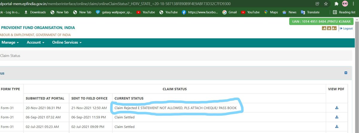 Pinturai_'s tweet photo. @socialepfo @BlackmaskMj @PIB_India @PIBHindi @MIB_India @MIB_Hindi @PTI_News @mygovindia @PMOIndia @DDNewslive @DDNational @airnewsalerts I attached the image of e-statement attested by bank but still my claim got rejected. Can you please answer is EPFO not accepting e-statements now?
i raised grievance and they informed me "e-statements are not allowed"
how a member can claim then if he doesn't have cheq/passbook https://t.co/pKyODDvD6j