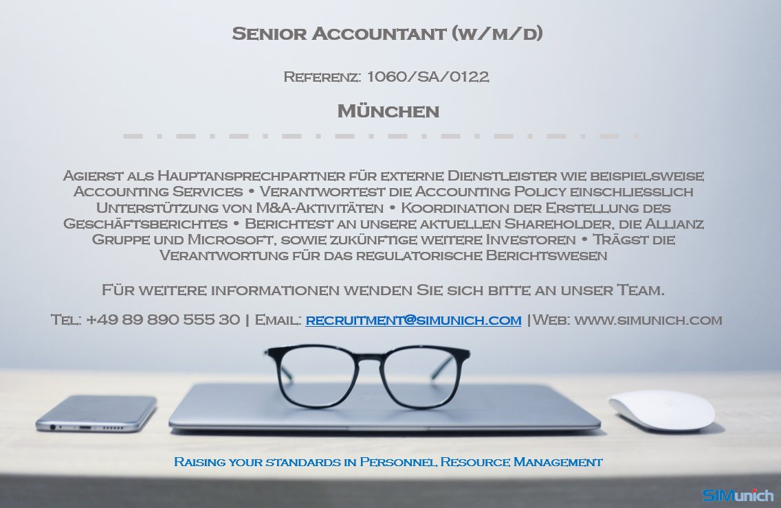 Unser Kunde sucht ein Senior Accountant (m/w/d) für Standort München. 💶 Vollständige Informationen auf unserer Website: simunich.com/job/senior-acc… - #SeniorAccountant #Financial #Accounting #Muenchen #SIMunich 💼