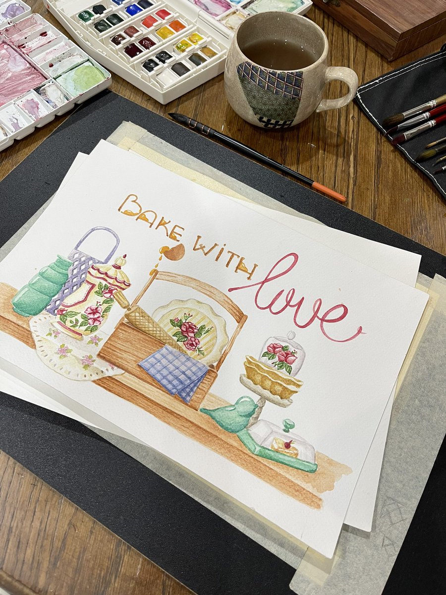 yumi_vu's tweet photo. It’s finished!!! I’m so excited to show you guys my artwork. Spent my whole morning on this piece. Hope you guys like it. 

#watercolorart #Watercolors #paintingoftheday #bakery #bakedwithlove https://t.co/4amxw3bFvG