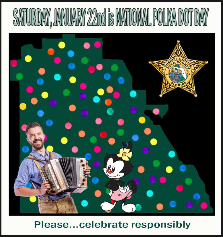 PolkCoSheriff's tweet photo. Sadly, our special commemorative polka dotted jail scrubs are stuck in a shipping container somewhere in the Pacific.
#NationalPolkaDotDay  #ISeeSpots  #DollarTreeDoesntHaveAnyGreetingCardsThatCelebrateNationalPolkaDotDay  #WeDontMakeTheseDaysUp  #WeJustCelebrateThem https://t.co/MFxRbFr1ii