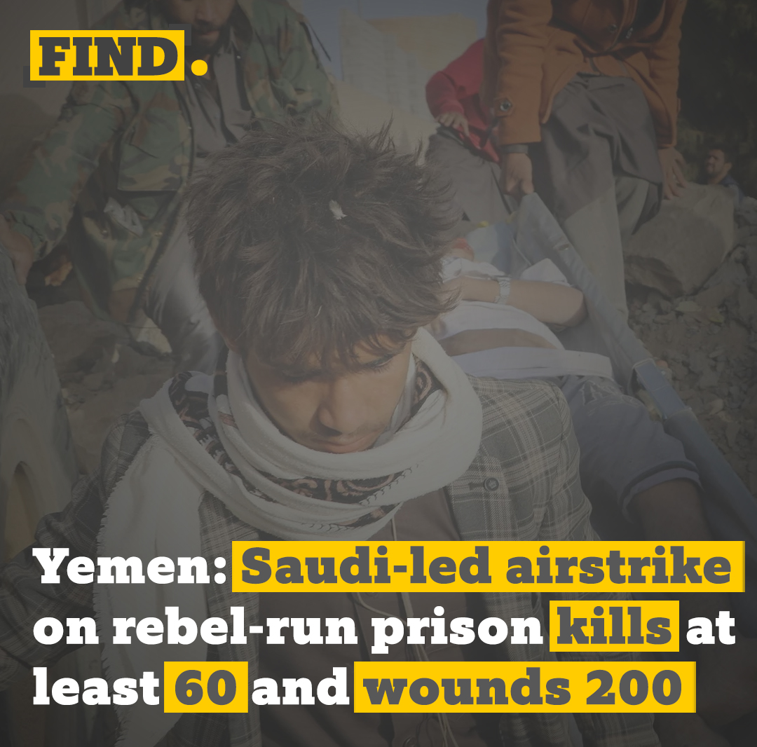 FindDotPK's tweet photo. #Yemen: Saudi-led airstrike on rebel-run prison kills at 
least 60 and wounds 200. 

#YemenUnderAttack #Yemen https://t.co/Iu8AhLIyQs