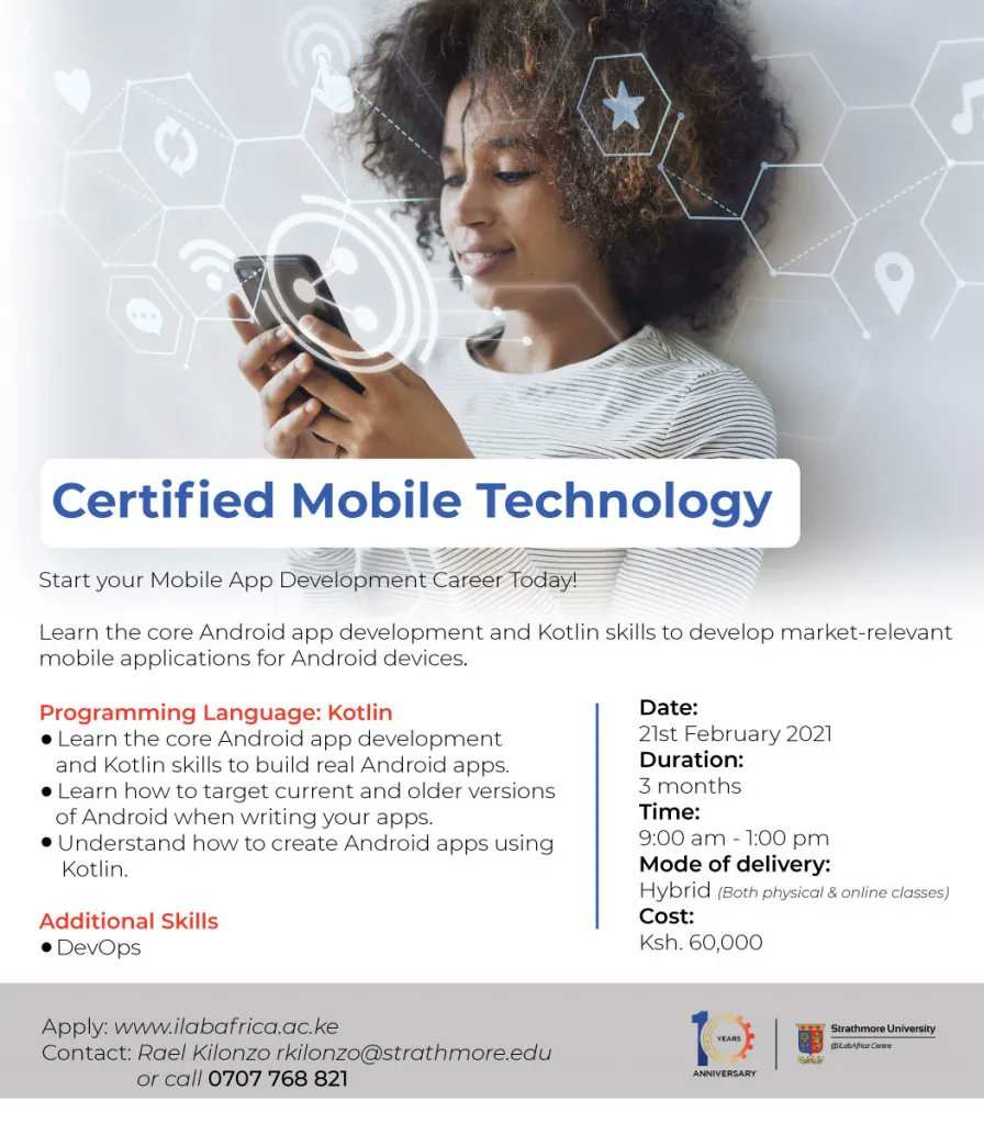 iLabAfrica's tweet photo. Familiarize yourself with the world of developing applications, #systemanalytics, app security, and many more when you register for the Certified Mobile Technology course.
Start Date: 21st February.
For more info: https://t.co/ATaMmucZ4X https://t.co/L81zaF7oVe