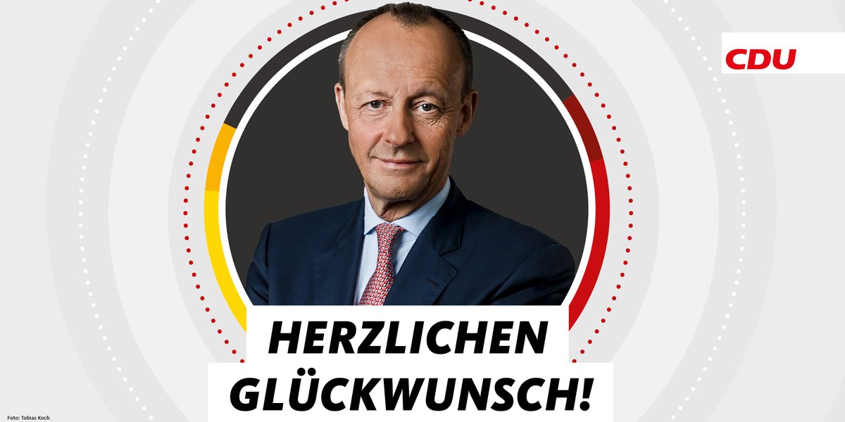 Herzlichen Glückwunsch! <a href="/_FriedrichMerz/">Friedrich Merz</a> ist neuer Vorsitzender der #CDU Deutschlands! Gewählt mit 94,62 Prozent der 1.001 Delegierten auf dem #cdupt22. Jetzt Neustart mit einer starken Basis und einem klaren Kurs! #teamCDU