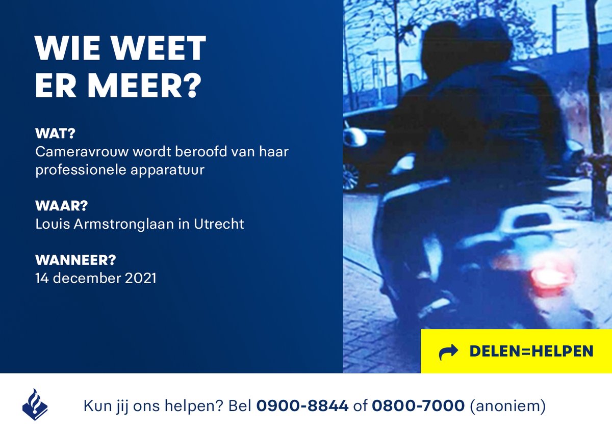 POL_Utrecht's tweet photo. Wie zitten er achter de beroving van een cameravrouw in #Leidsche Rijn? Twee mannen op een scooter trokken de professionele camera uit de handen van het slachtoffer. Weet jij meer? Bel 0900-8844 of 0800-7000 (anoniem). Meer info: https://t.co/wZIMVhf0zq https://t.co/1H2djjgMXJ
