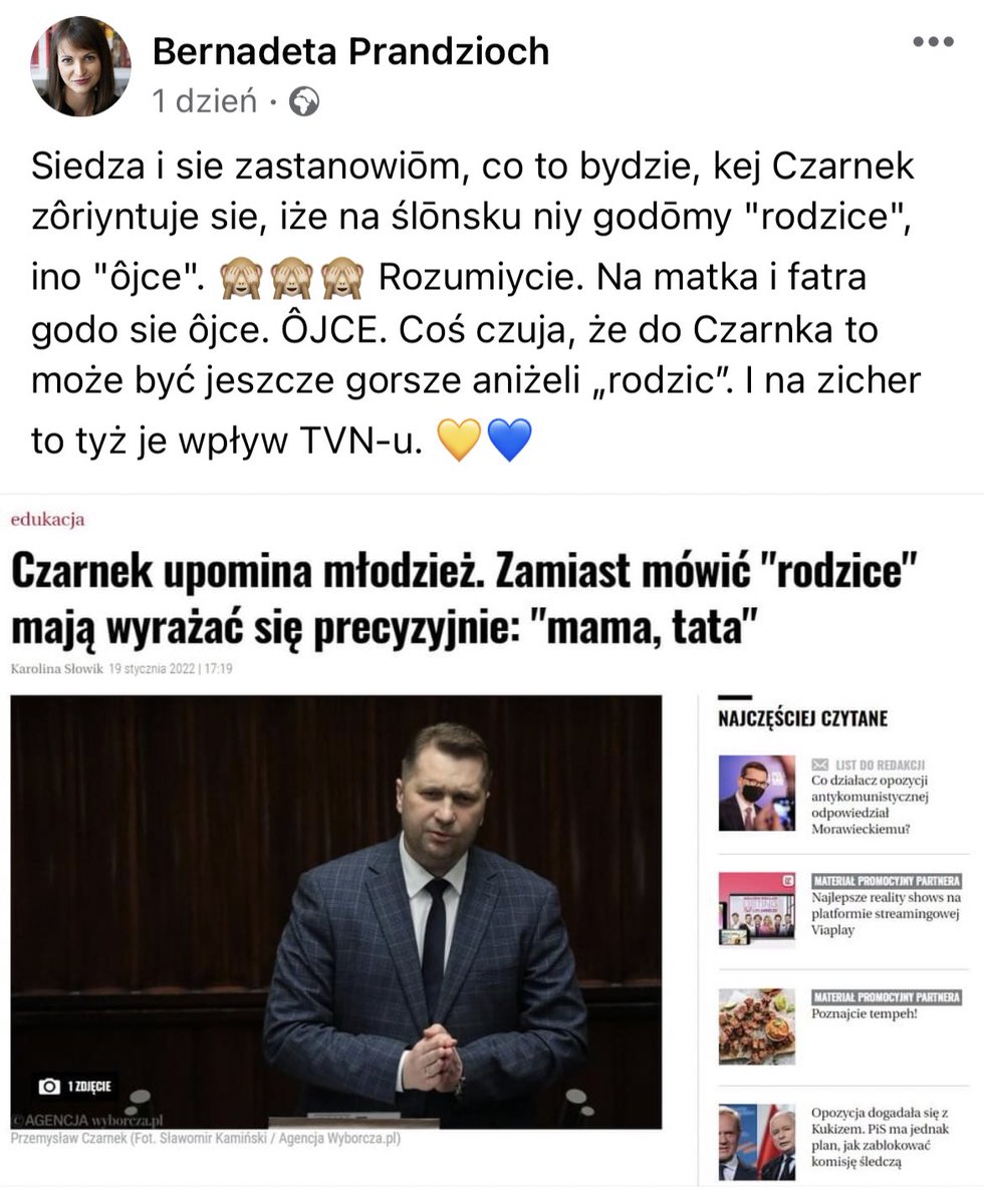patrykmichalski's tweet photo. „Na ślōnsku niy godōmy "rodzice", ino "ôjce". 🙈🙈🙈 Rozumiycie. Na matka i fatra godo sie ôjce. ÔJCE”

Źródło: Facebook/Bernadeta Prandzioch https://t.co/IJ37bOzfx3