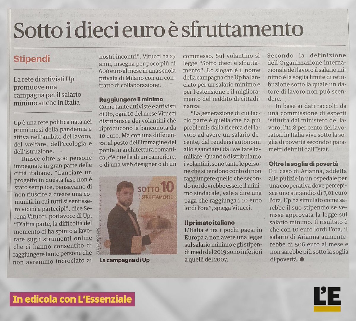 Su l'Essenziale in edicola da oggi una pagina sulle lotte nel mondo del lavoro. Si parla anche della nostra campagna #SottoDiecièSfruttamento sul salario minimo 
Correte in edicola! 
attiviamoci.org/dieci