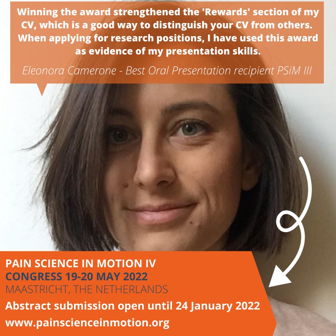 PaininMotion's tweet photo. #PSiM22 gives PhD and junior pain researchers the floor! Submit your abstract and aim at an award to boost your career! Hear it from @EleonoraCamero8 – Best Oral Presentation #PSiM19, PhD student @UniGenova, and @Mattjones0203 – Best Poster Presentation #PSiM17, PhD student @UNSW https://t.co/gtlO3yQkfb