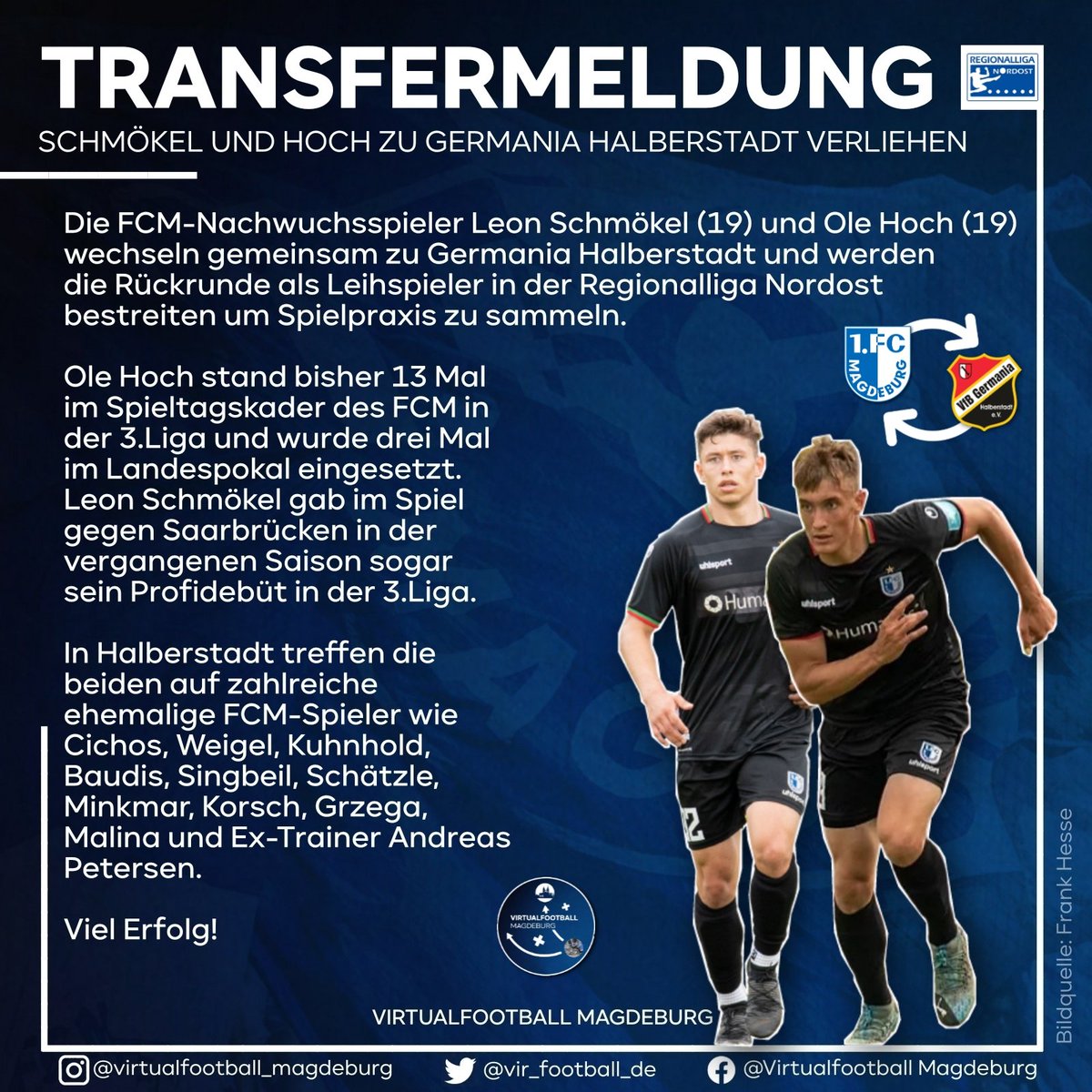 vf_magdeburg's tweet photo. 🔄 Neben Philipp #Harant (BAK) hat der #FCM nun noch zwei weitere Eigengewächse bis zum Ende der Saison in die Regionalliga Nordost ausgeliehen. Leon #Schmökel und Ole #Hoch wechseln zu Germania Halberstadt und zum Trainer Andreas #Petersen.
Viel Erfolg den beiden!
#EINMALIMMER https://t.co/gDIo5JtyaI
