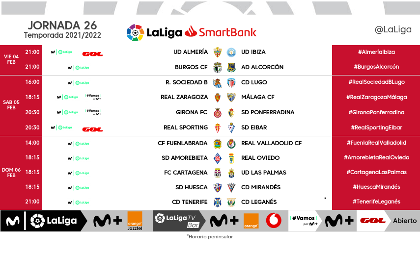 LaLiga's tweet photo. MODIFICACIÓN | El partido #AlmeríaIbiza de la jornada 26 de #LaLigaSmartBank se disputará finalmente el viernes 4 de febrero a las 21:00 h. https://t.co/9gk4XNHIWi