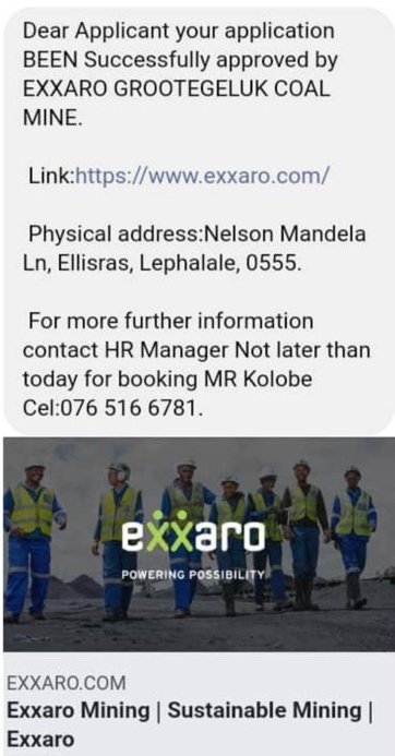 ExxaroResources's tweet photo. WARNING! There is a fake job confirmation advertisement doing the rounds. Please note that we are do not work with person whose contact information is shared here, nor are we affiliated with them https://t.co/qjA4C6BoTi