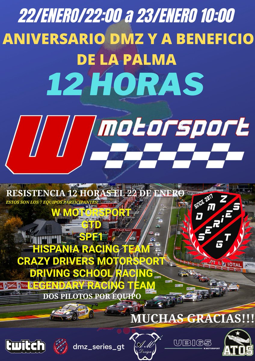 Hoy debutan con <a href="/motorsport_w/">W. MOTORSPORT</a> 💪💪💪
En las 12 horas <a href="/DmzSeries/">Campeonatos DMZ Series GT</a> 1️⃣
Nuestros nuevos compañeros <a href="/Carlos_russo_/">Carlos russo</a> y WMS _Danny_martin g💪💪💪💪
Suerte y a disfrutar compañeros 🚙🚙💨💨y bienvenidos a la familia W.MOTORSPORT