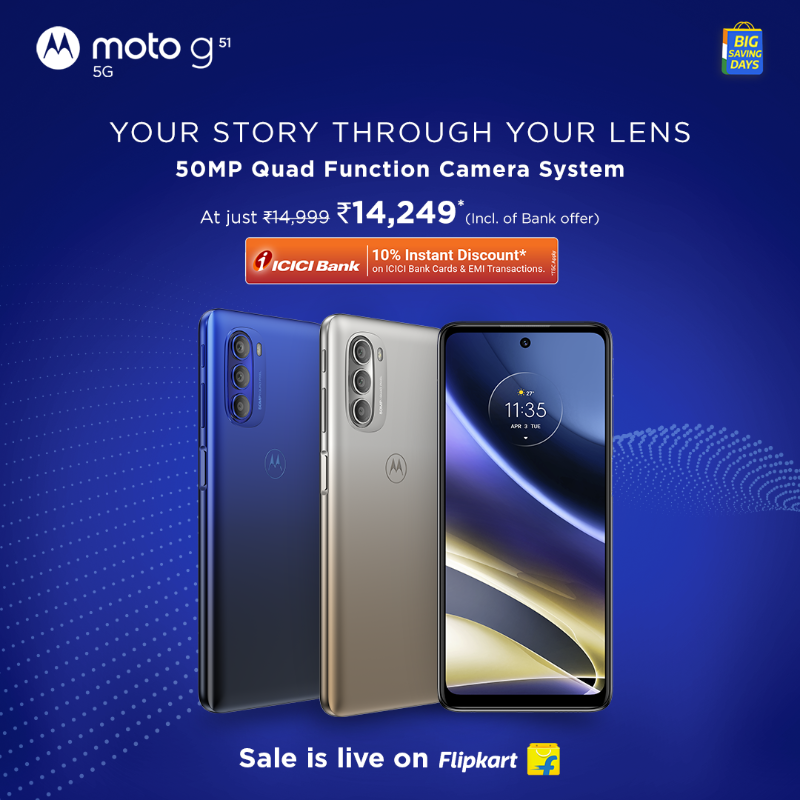 motorolaindia's tweet photo. It's easier to look back on a journey when the images clicked have stunning clarity. So, #motog51 5G comes with a 50MP Quad Function Camera System to capture super-clear shots in any light. #GoTrue5G at just ₹14,249 by visiting @Flipkart’s #RepublicDaySale now! #gomotog