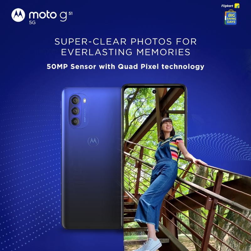 motorolaindia's tweet photo. It's easier to look back on a journey when the images clicked have stunning clarity. So, #motog51 5G comes with a 50MP Quad Function Camera System to capture super-clear shots in any light. #GoTrue5G at just ₹14,249 by visiting @Flipkart’s #RepublicDaySale now! #gomotog
