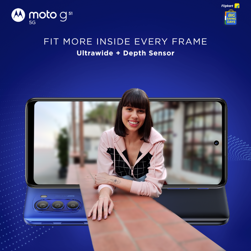 motorolaindia's tweet photo. It's easier to look back on a journey when the images clicked have stunning clarity. So, #motog51 5G comes with a 50MP Quad Function Camera System to capture super-clear shots in any light. #GoTrue5G at just ₹14,249 by visiting @Flipkart’s #RepublicDaySale now! #gomotog