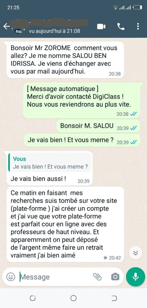 AbdoulAzizZoro2's tweet photo. Il n’y a rien de plus exaltant que de recevoir ce genre de témoignages.

C’est aussi pour cette raison que nous continuons le combat 💪 et nous allons y arriver ensemble 🎓

MERCI à tous nos utilisateurs et surtout MERCI à toutes les personnes qui nous soutiennent.

@digiclass_co https://t.co/UpUpC9hg9E