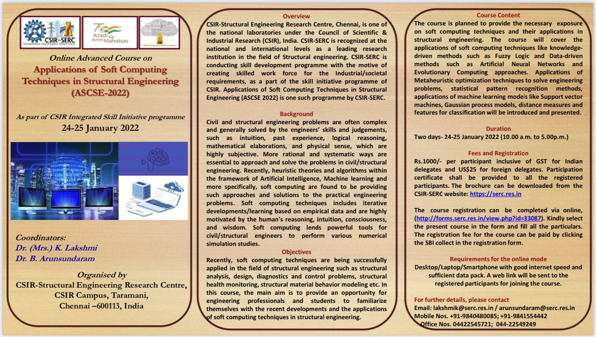 research_pub's tweet photo. Online advanced course on applications on soft computing techniques in structural engineering 
Registration link: https://t.co/pNasCkKITX https://t.co/VevPozH0ao