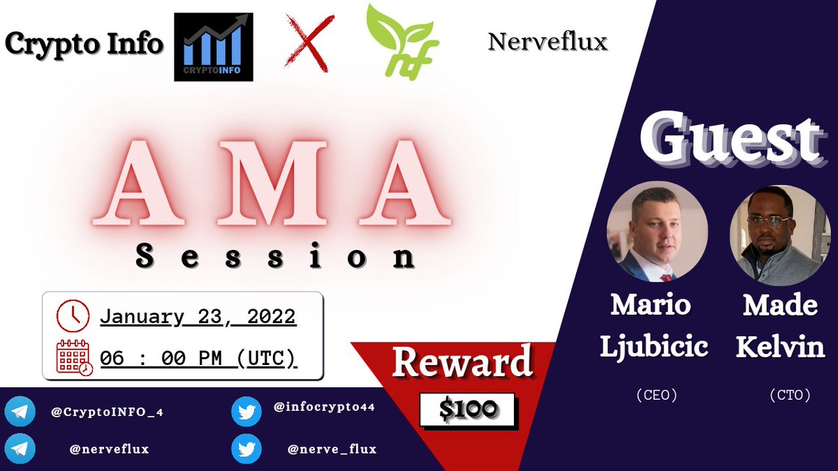 Dr_Abilanoor's tweet photo. 📢 𝐖𝐄're thrilled to announce our next #AMA with @Nerve_flux
on 23 January, 06:00 PM UTC

💰 Reward Pool: 100$
📍 Venue: https://t.co/AY8eJLhZLM

〽️𝐑𝐔𝐋𝐄𝐒 :
✅ Follow @CryptoInfo44 &amp; 
@Nerve_flux
✅Like Retweet &amp; Coment Your Questions (3 Questions Max)Tag 3 friends. https://t.co/FLWn6tpjxR
