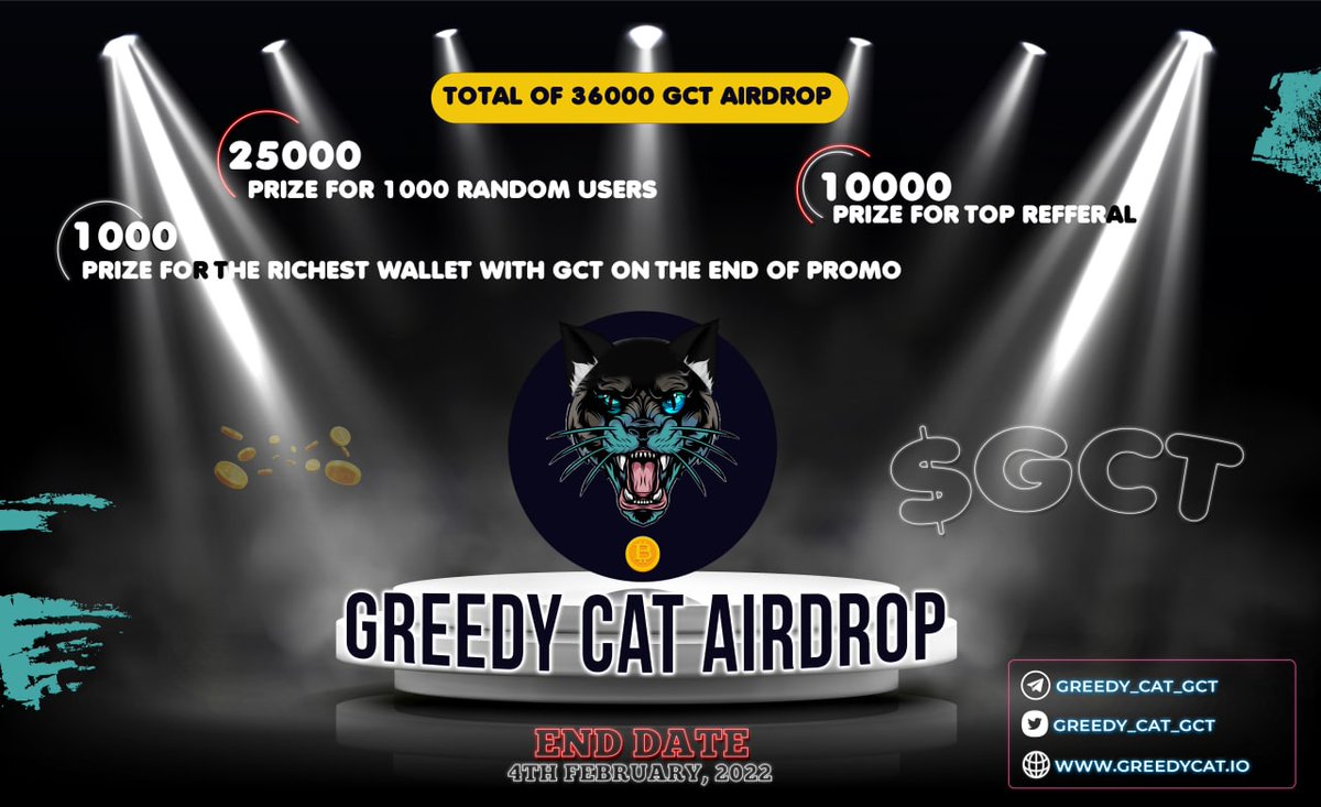 🚀 Airdrop: Greedy Cat Token
💰 Value: 25 $GCT
👥 Referral: 200 $GCT
📊 Exchange: Hotbit
📼 Audit: Cointool
📅 End Date: 4th February, 2022

Talk with the Telegram Bot
t.me/GreedyCatToken…

#Airdrop #Crypto #Airdrops #cryptocurrency #giveaway
