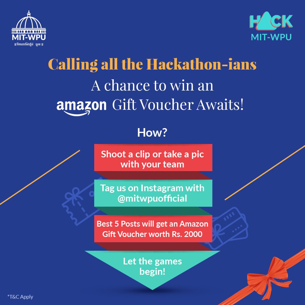 MITWPUOfficial's tweet photo. Hackathon-ians, show us your and your team’s zest towards innovation by posting your clips and pics, and tag us using hashtags #MITWPU #HACKMITWPU.
The best 5 posts with the most likes and comments stand a chance to win an Amazon Gift Voucher worth Rs. 2000!
@hub_innovators https://t.co/7GYklr9kXt