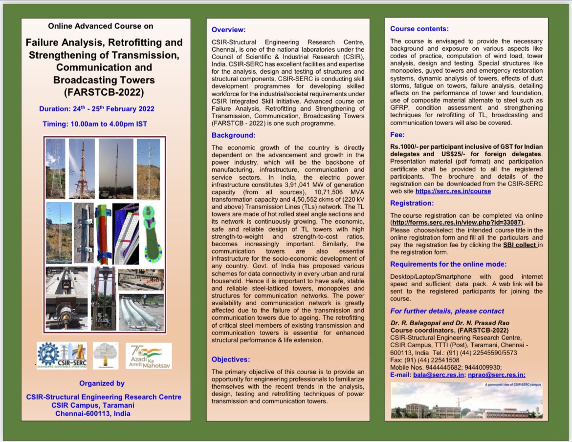 research_pub's tweet photo. Online advanced course on applications on failure analysis, retrofitting and strengthening of transmission, communication and broadcasting towers
Registration link: https://t.co/pNasCkKITX https://t.co/VTn71dA4Fw
