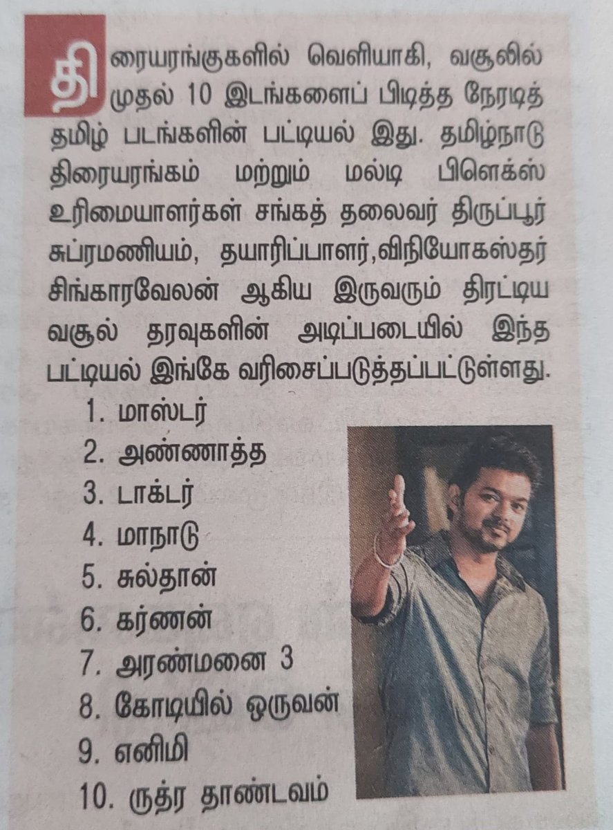 Correct order is
1. #Master
2. #Annaatthe 
3. #Doctor
4. #Maanaadu 
5. #Karnan
6. #Sulthan
7. #Aranmanai3 
8. #Enemy
9. #KodiyilOruvan 
10. #RudhraThandavam

If dubbing films included
6. #Pushpa 
7. #SpiderManNoWayHome
9. #GodzillaVsKong