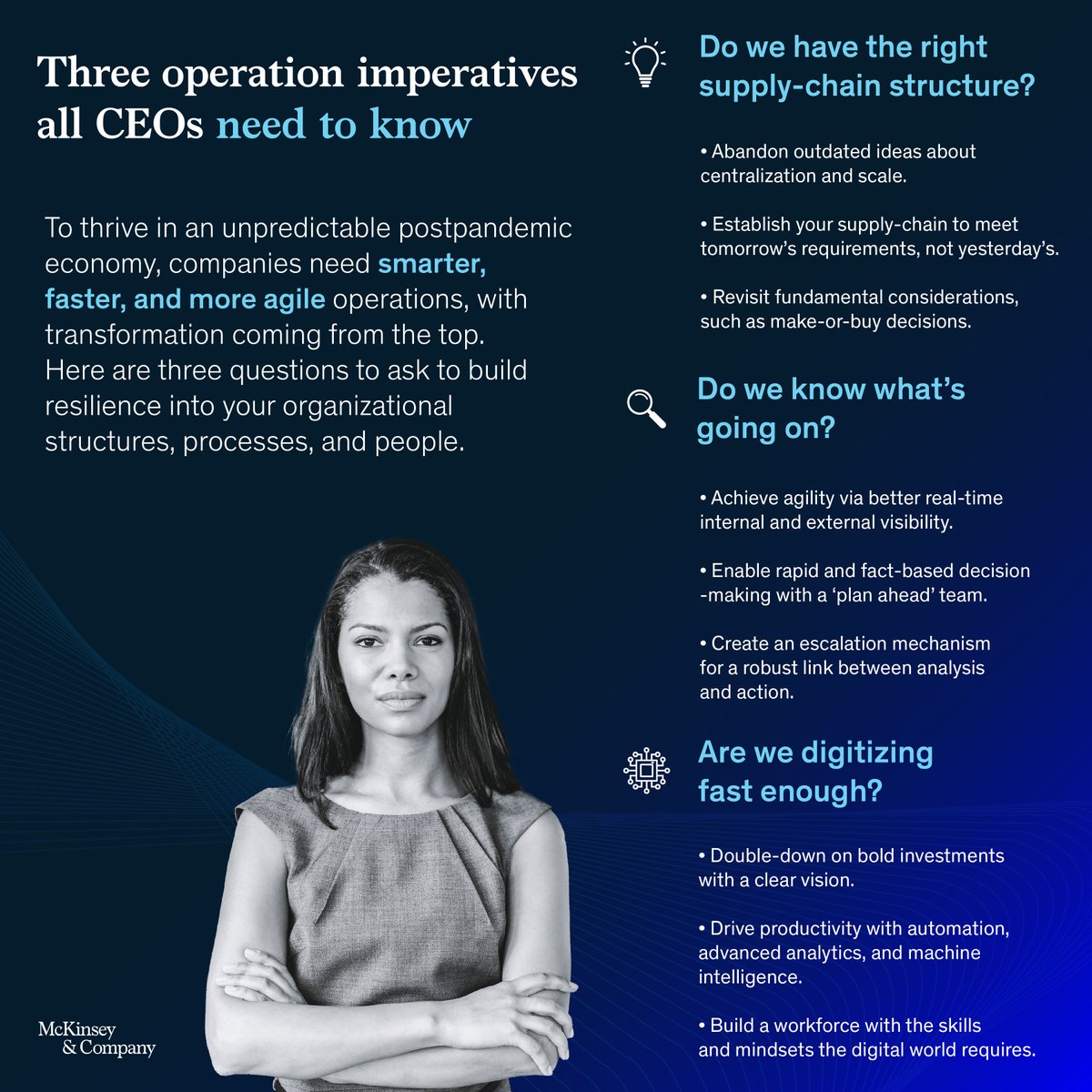 McKinsey's tweet photo. As a #CEO, it's imperative you ask yourself the most important questions.

'Do we know what's going on?' is one of the pressing questions you should ask yourself to ensure #proactivity and achieve agility 🔀

Discover the #operation imperatives here: https://t.co/lCsW8kSrbf https://t.co/HEMScdL0f5